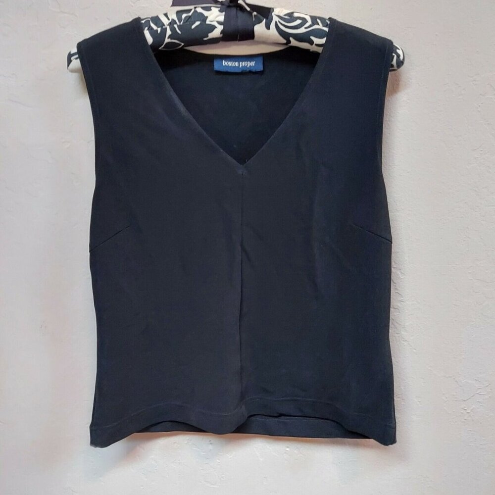 Boston Proper Womens Black Casual V-Neck Sleeveless Tank Top Blouse